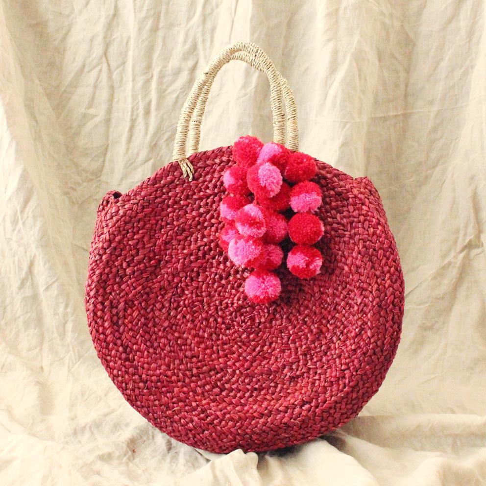 Red Luna Bag - Round Handwoven Straw Tote Bag with